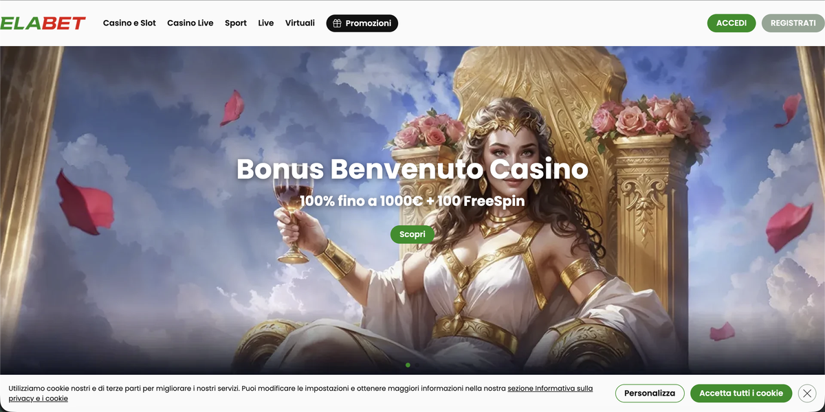 Schermata della homepage di Elabet Casino con il banner del bonus di benvenuto