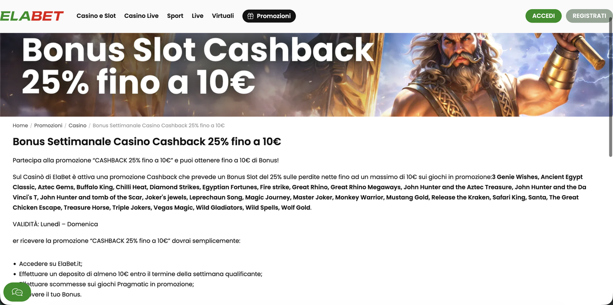 Elabet Altre Promozioni: Cashback e Tornei