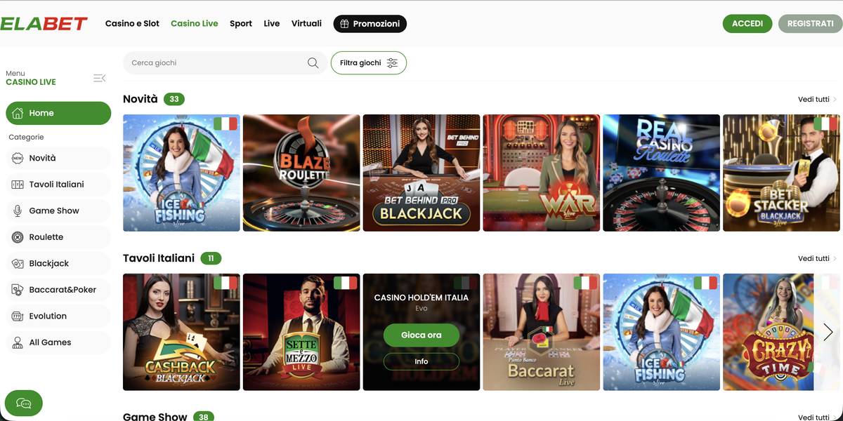 Elabet Casinò Live: Tavoli e Croupier in Italiano
